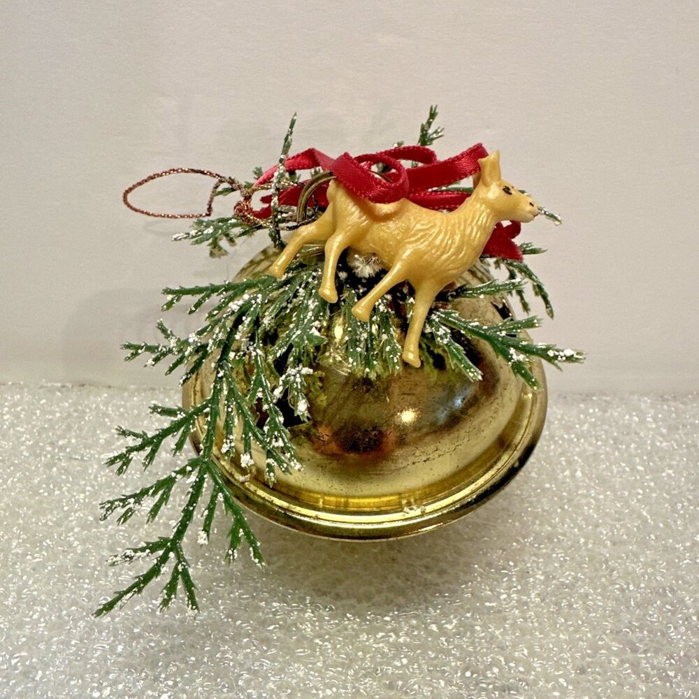 Christmas Jingle Bell Ornament Gold Metal 2.5" Stars Reindeer Pine Branches Bow